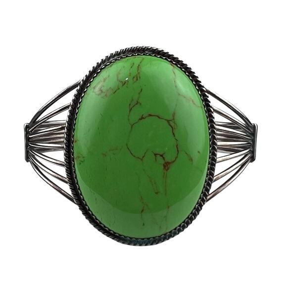 Vintage Southwest Style Large Green Oval Stone Sterling Silver Cuff Bracelet - Picture 1 of 7